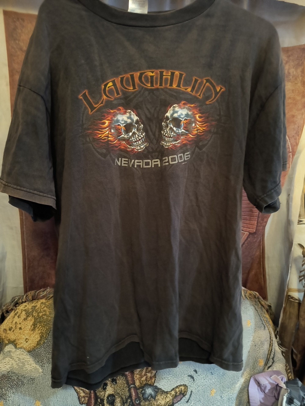 Vintage Delta Black Laughlin Nevada 2006 Skull Tee with Orange Flames L